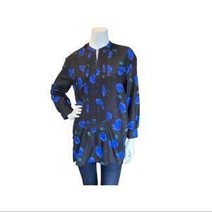 Black Blue Long Sleeve Flower Print Tunic - Small